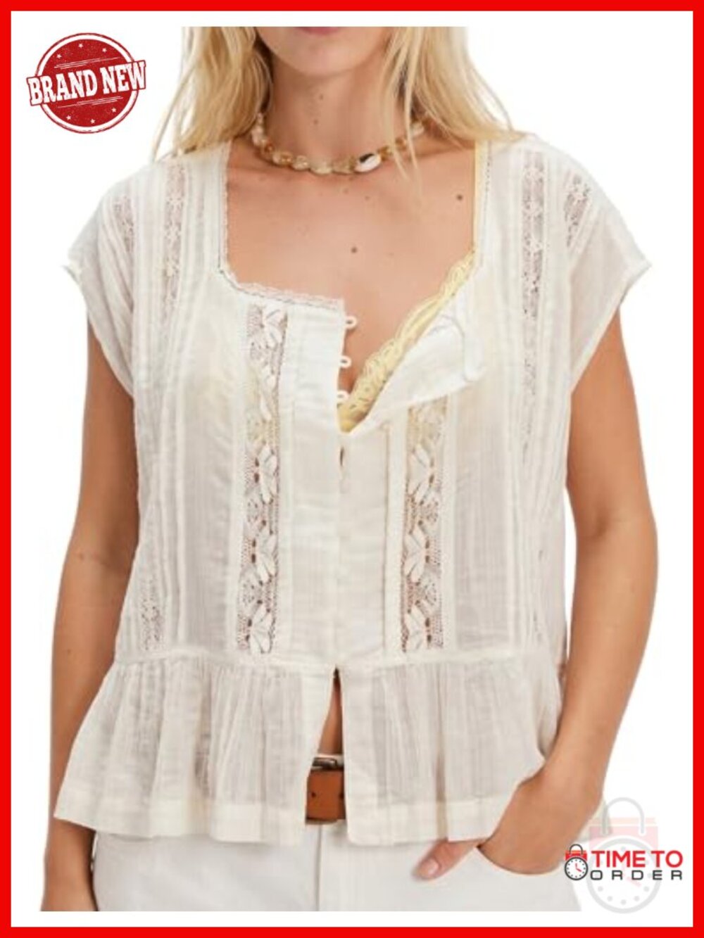 Boho Semi Sheer Cotton Lace Trim Button Down Short Sleeve Y2K Blouse